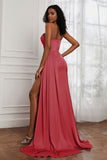 Strapless Satin Sheath Long Formal Evening Dresses with Slit Pleated Backless Prom Party Bridesmaid Dress