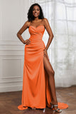 Strapless Satin Sheath Long Formal Evening Dresses with Slit Pleated Backless Prom Party Bridesmaid Dress
