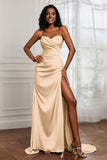 Strapless Satin Sheath Long Formal Evening Dresses with Slit Pleated Backless Prom Party Bridesmaid Dress