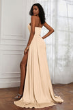 Strapless Satin Sheath Long Formal Evening Dresses with Slit Pleated Backless Prom Party Bridesmaid Dress