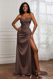 Strapless Satin Sheath Long Formal Evening Dresses with Slit Pleated Backless Prom Party Bridesmaid Dress