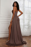 Strapless Satin Sheath Long Formal Evening Dresses with Slit Pleated Backless Prom Party Bridesmaid Dress
