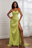 Strapless Satin Sheath Long Formal Evening Dresses with Slit Pleated Backless Prom Party Bridesmaid Dress