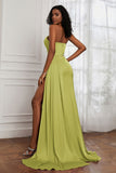 Strapless Satin Sheath Long Formal Evening Dresses with Slit Pleated Backless Prom Party Bridesmaid Dress