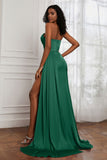 Strapless Satin Sheath Long Formal Evening Dresses with Slit Pleated Backless Prom Party Bridesmaid Dress