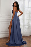 Strapless Satin Sheath Long Formal Evening Dresses with Slit Pleated Backless Prom Party Bridesmaid Dress