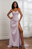 Strapless Satin Sheath Long Formal Evening Dresses with Slit Pleated Backless Prom Party Bridesmaid Dress