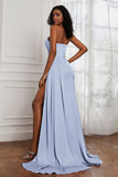 Strapless Satin Sheath Long Formal Evening Dresses with Slit Pleated Backless Prom Party Bridesmaid Dress