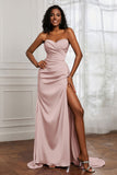 Strapless Satin Sheath Long Formal Evening Dresses with Slit Pleated Backless Prom Party Bridesmaid Dress