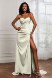 Strapless Satin Sheath Long Formal Evening Dresses with Slit Pleated Backless Prom Party Bridesmaid Dress