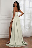 Strapless Satin Sheath Long Formal Evening Dresses with Slit Pleated Backless Prom Party Bridesmaid Dress