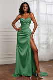 Strapless Satin Sheath Long Formal Evening Dresses with Slit Pleated Backless Prom Party Bridesmaid Dress