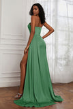 Strapless Satin Sheath Long Formal Evening Dresses with Slit Pleated Backless Prom Party Bridesmaid Dress