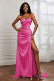 Strapless Satin Sheath Long Formal Evening Dresses with Slit Pleated Backless Prom Party Bridesmaid Dress