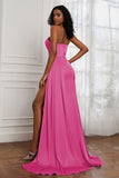 Strapless Satin Sheath Long Formal Evening Dresses with Slit Pleated Backless Prom Party Bridesmaid Dress