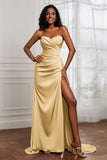 Strapless Satin Sheath Long Formal Evening Dresses with Slit Pleated Backless Prom Party Bridesmaid Dress