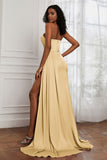Strapless Satin Sheath Long Formal Evening Dresses with Slit Pleated Backless Prom Party Bridesmaid Dress