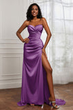 Strapless Satin Sheath Long Formal Evening Dresses with Slit Pleated Backless Prom Party Bridesmaid Dress