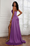 Strapless Satin Sheath Long Formal Evening Dresses with Slit Pleated Backless Prom Party Bridesmaid Dress