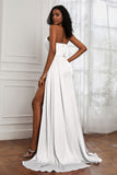 Strapless Satin Sheath Long Formal Evening Dresses with Slit Pleated Backless Prom Party Bridesmaid Dress