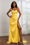 Strapless Satin Sheath Long Formal Evening Dresses with Slit Pleated Backless Prom Party Bridesmaid Dress