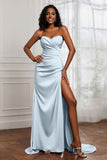 Strapless Satin Sheath Long Formal Evening Dresses with Slit Pleated Backless Prom Party Bridesmaid Dress