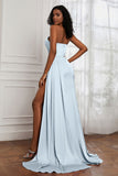 Strapless Satin Sheath Long Formal Evening Dresses with Slit Pleated Backless Prom Party Bridesmaid Dress