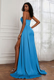 Strapless Satin Sheath Long Formal Evening Dresses with Slit Pleated Backless Prom Party Bridesmaid Dress