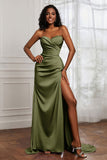 Strapless Satin Sheath Long Formal Evening Dresses with Slit Pleated Backless Prom Party Bridesmaid Dress