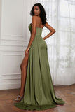 Strapless Satin Sheath Long Formal Evening Dresses with Slit Pleated Backless Prom Party Bridesmaid Dress