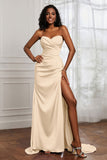 Strapless Satin Sheath Long Formal Evening Dresses with Slit Pleated Backless Prom Party Bridesmaid Dress