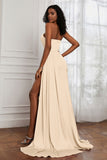 Strapless Satin Sheath Long Formal Evening Dresses with Slit Pleated Backless Prom Party Bridesmaid Dress