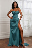 Strapless Satin Sheath Long Formal Evening Dresses with Slit Pleated Backless Prom Party Bridesmaid Dress