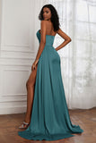 Strapless Satin Sheath Long Formal Evening Dresses with Slit Pleated Backless Prom Party Bridesmaid Dress