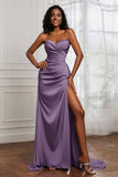 Strapless Satin Sheath Long Formal Evening Dresses with Slit Pleated Backless Prom Party Bridesmaid Dress