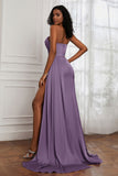 Strapless Satin Sheath Long Formal Evening Dresses with Slit Pleated Backless Prom Party Bridesmaid Dress