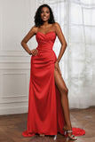 Strapless Satin Sheath Long Formal Evening Dresses with Slit Pleated Backless Prom Party Bridesmaid Dress