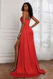 Strapless Satin Sheath Long Formal Evening Dresses with Slit Pleated Backless Prom Party Bridesmaid Dress