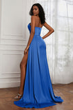 Strapless Satin Sheath Long Formal Evening Dresses with Slit Pleated Backless Prom Party Bridesmaid Dress