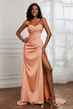 Strapless Satin Sheath Long Formal Evening Dresses with Slit Pleated Backless Prom Party Bridesmaid Dress