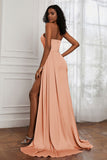 Strapless Satin Sheath Long Formal Evening Dresses with Slit Pleated Backless Prom Party Bridesmaid Dress