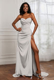 Strapless Satin Sheath Long Formal Evening Dresses with Slit Pleated Backless Prom Party Bridesmaid Dress