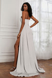 Strapless Satin Sheath Long Formal Evening Dresses with Slit Pleated Backless Prom Party Bridesmaid Dress