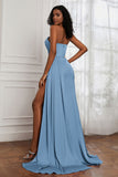 Strapless Satin Sheath Long Formal Evening Dresses with Slit Pleated Backless Prom Party Bridesmaid Dress