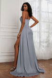 Strapless Satin Sheath Long Formal Evening Dresses with Slit Pleated Backless Prom Party Bridesmaid Dress