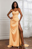 Strapless Satin Sheath Long Formal Evening Dresses with Slit Pleated Backless Prom Party Bridesmaid Dress