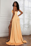 Strapless Satin Sheath Long Formal Evening Dresses with Slit Pleated Backless Prom Party Bridesmaid Dress