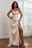 Strapless Satin Sheath Long Formal Evening Dresses with Slit Pleated Backless Prom Party Bridesmaid Dress