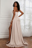 Strapless Satin Sheath Long Formal Evening Dresses with Slit Pleated Backless Prom Party Bridesmaid Dress