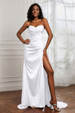 Strapless Satin Sheath Long Formal Evening Dresses with Slit Pleated Backless Prom Party Bridesmaid Dress